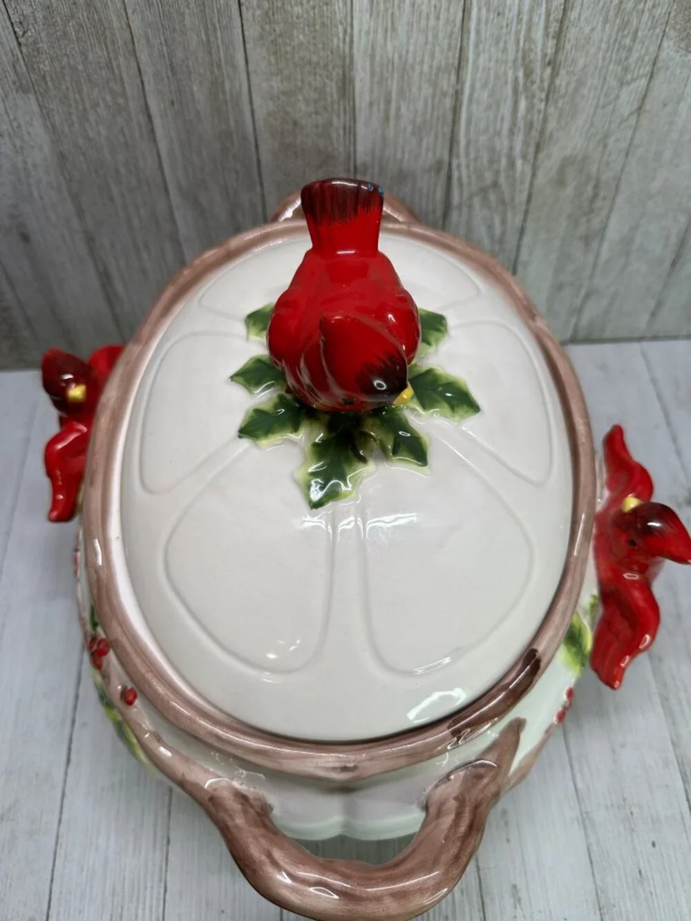 Vtg Cardinal & Berries Holly Serving Bowl Dish Holiday Decor Ceramic 11.5